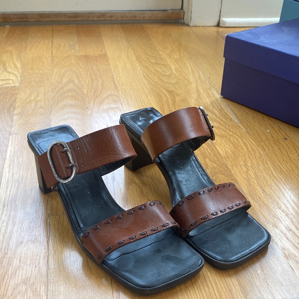 Yves Saint Laurent Brown Leather Two-Strap Block Heel Sandals